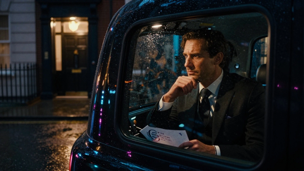 A man in a taxi at night, gazing out at rainy London streets, a discreet agency note on the seat beside him.