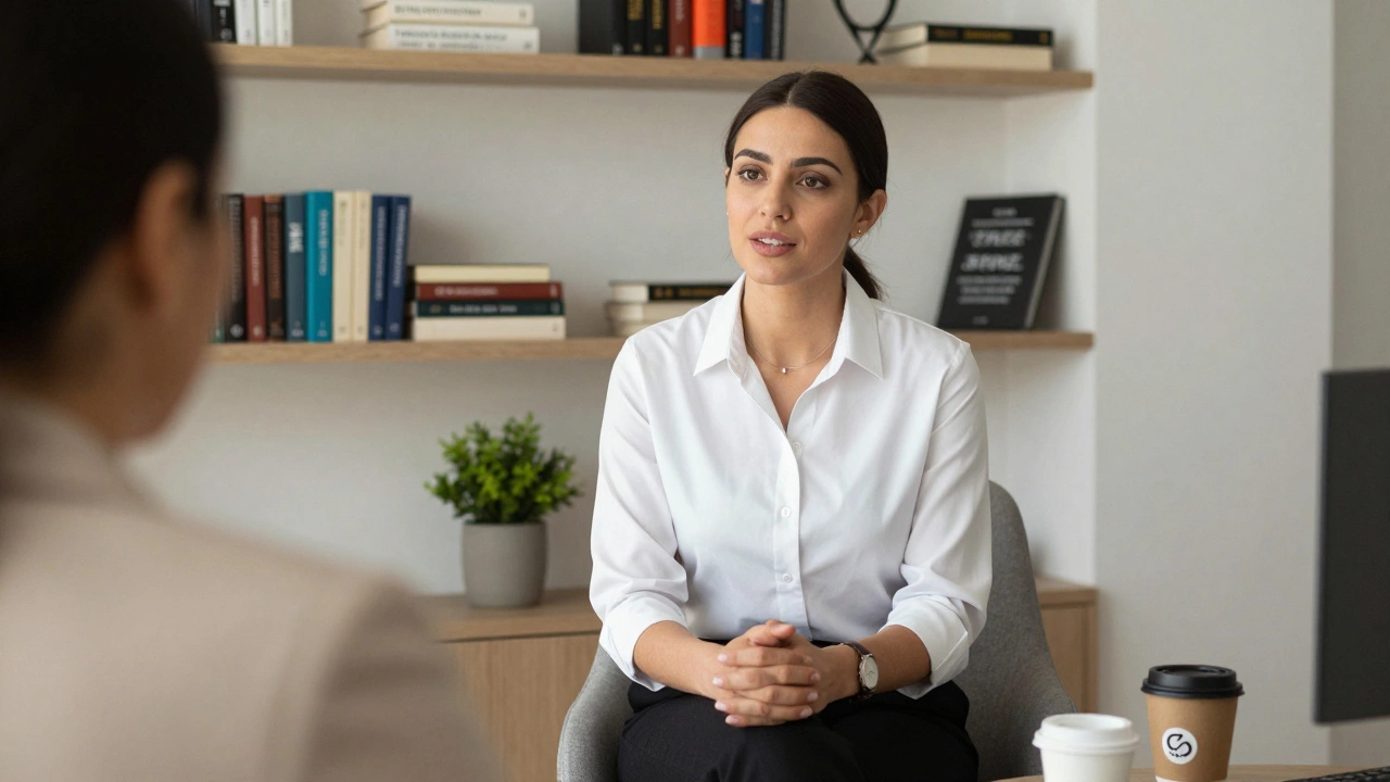 A professional listener in Dubai, surrounded by books and personal touches, offering thoughtful presence.