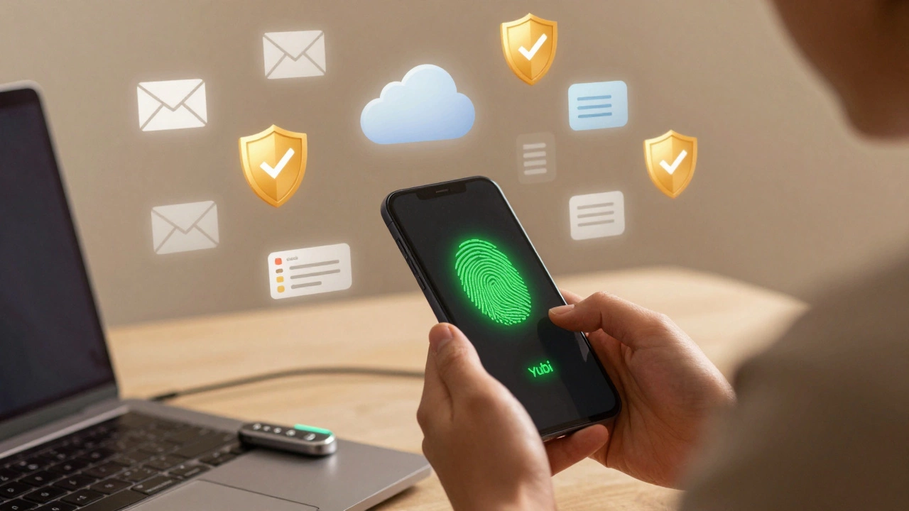 Person using fingerprint and security key to protect digital accounts like email, banking, and cloud storage.