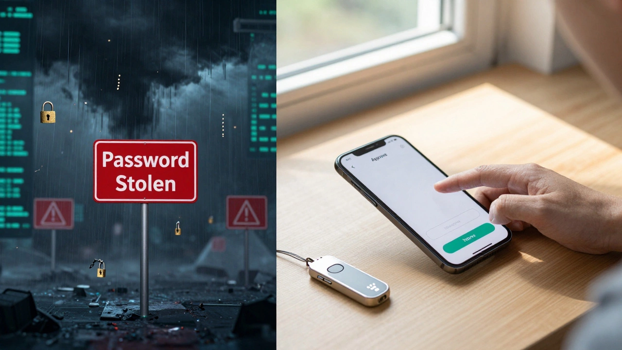 Split scene: chaotic data breach on one side, calm 2FA approval on the other with sunlight symbolizing security.