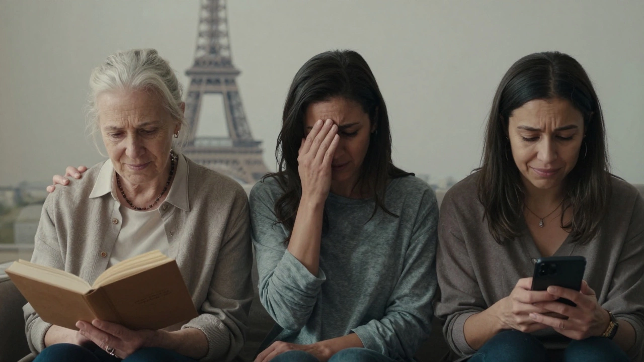 Three women in different cities demonstrating quiet emotional support through subtle gestures.