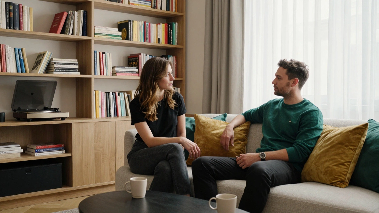 Two people engaged in thoughtful conversation in a stylish London apartment filled with books and art.